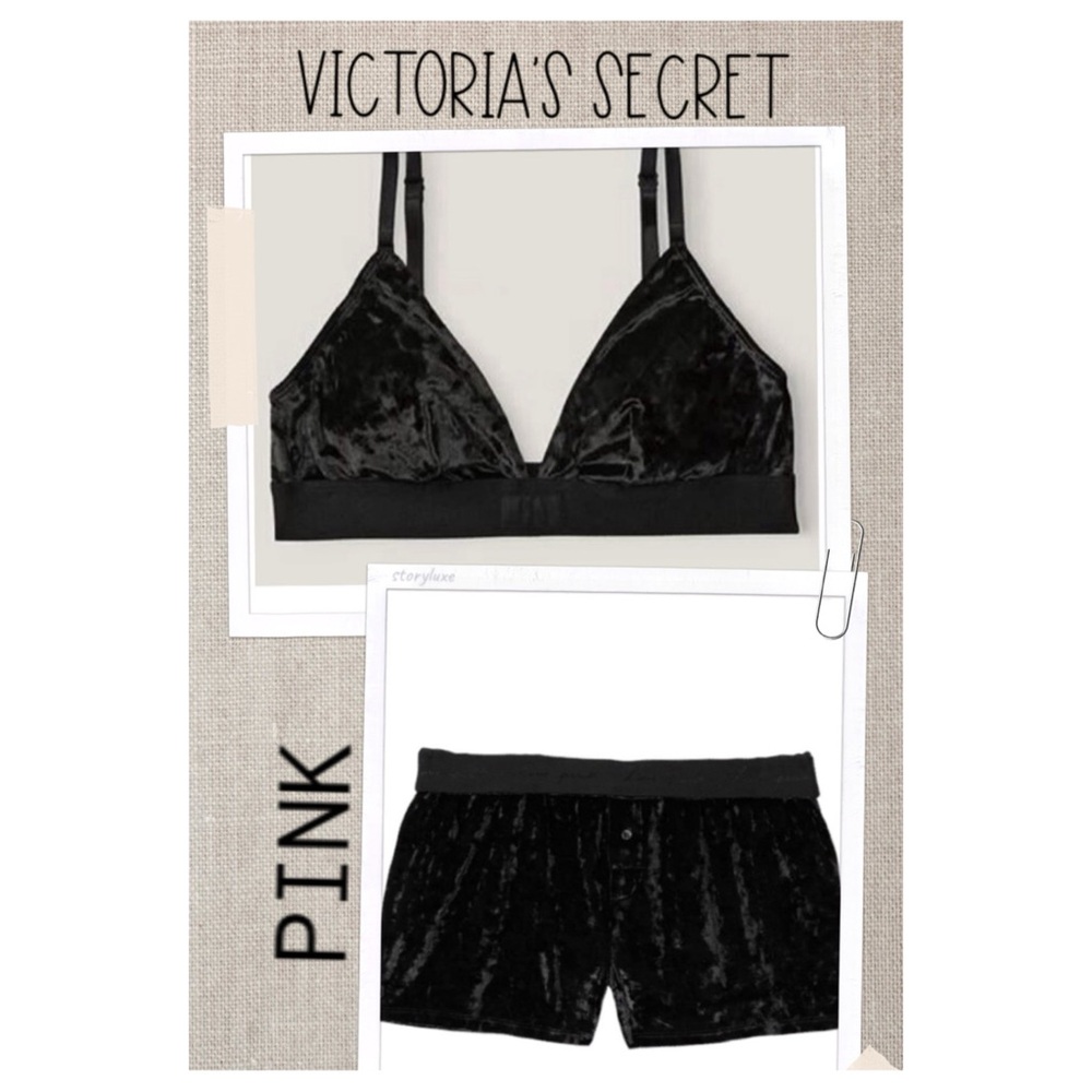Victoria Secret Set BRALETTE Size XS Boxy PJ Shorts BLACK VELVET NWT Size S